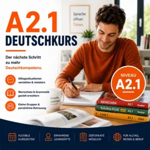 Mit gezücktem Stift lernt ein junger Mann für den A2.1 Deutschkurs an einem Holztisch. Links stehen Lernziele zum Wortschatzaufbau und ein orangenes Niveausiegel.