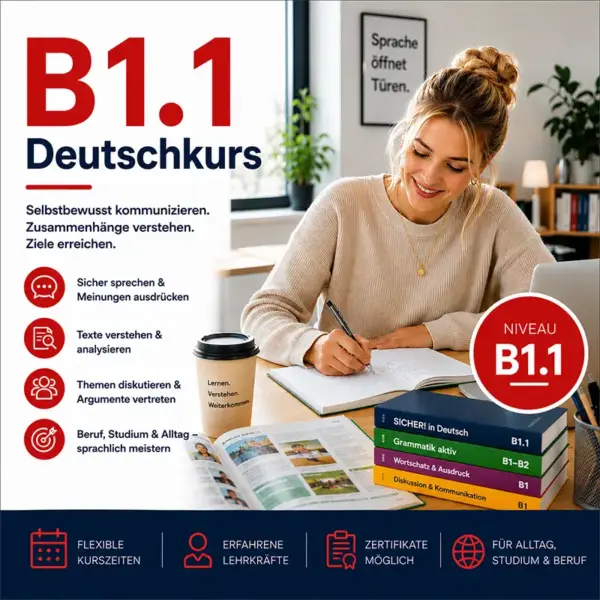 Mit einem Lächeln bereitet sich eine Kursteilnehmerin intensiv auf ihren B1.1 Deutschkurs vor. Ein markantes rotes Niveausiegel und übersichtliche Infotexte heben Kursziele wie das Führen von Diskussionen und das Verstehen von Texten hervor.