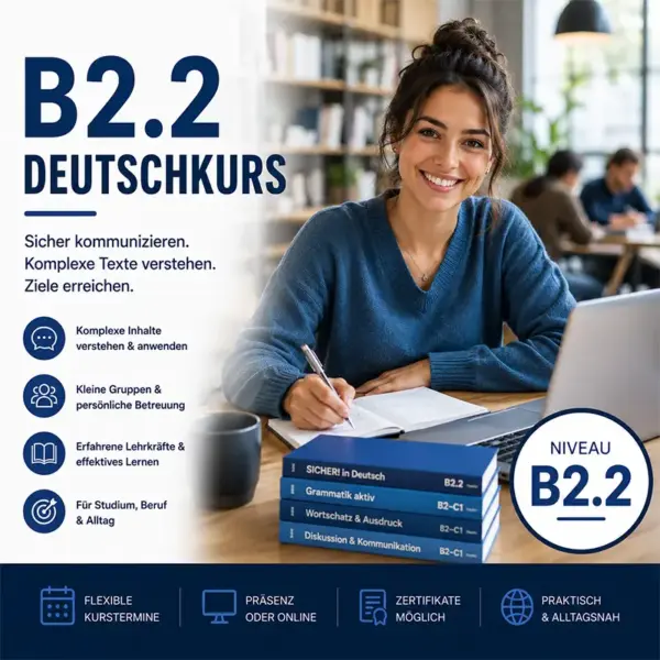 Ein Kursteilnehmerin arbeitet fokussiert an seinen Unterlagen für den B2.2 Deutschkurs. Die Grafik visualisiert Lernziele für Fortgeschrittene und ist durch ein blau-gelbes Niveausiegel als Mittelstufen-Angebot gekennzeichnet.