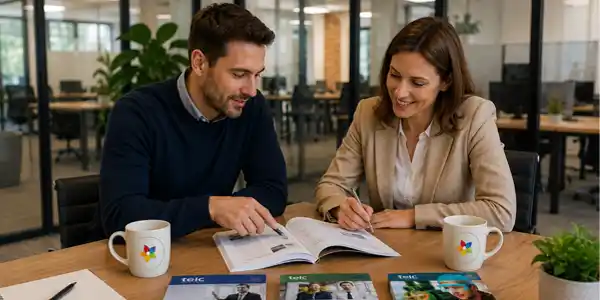 Eine Frau und ein Mann lernen im Einzelunterricht an einem Bürotisch gemeinsam Deutsch. Im Vordergrund liegen drei telc-Lehrbücher für Berufssprachkurse der Niveaus B2 und C1.