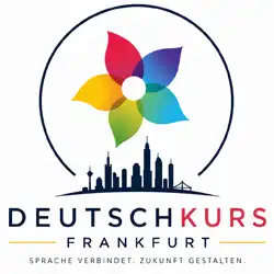 Logo des Angebots Deutschkurs Frankfurt vom Sprachinstitut Schöne Sprache. Eine bunte Blüte schwebt über der Frankfurter Skyline, ergänzt durch den Slogan „Sprache verbindet. Zukunft gestalten.“