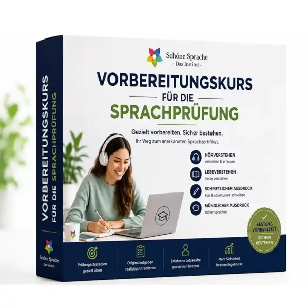 Produktgrafik zum Vorbereitungskurs für die telc Prüfung mit Lerninhalten zu Hörverstehen, Leseverstehen, schriftlichem und mündlichem Ausdruck.